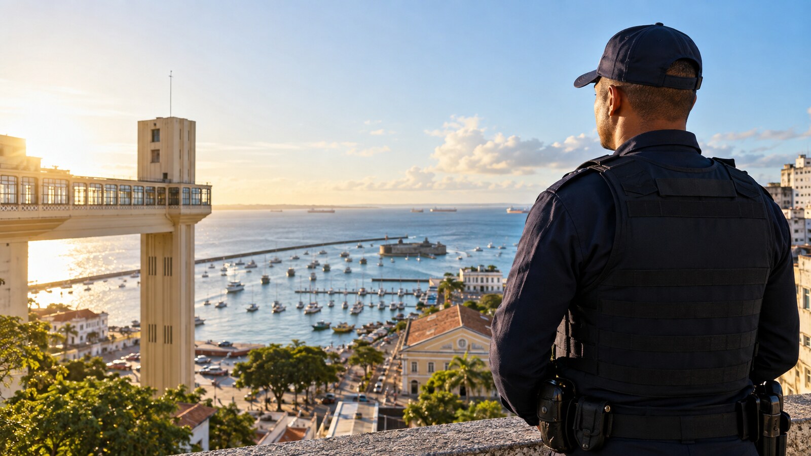 Guarda municipal diante do Elevador Lacerda, em imagem editorial criada para a Resumos 360.