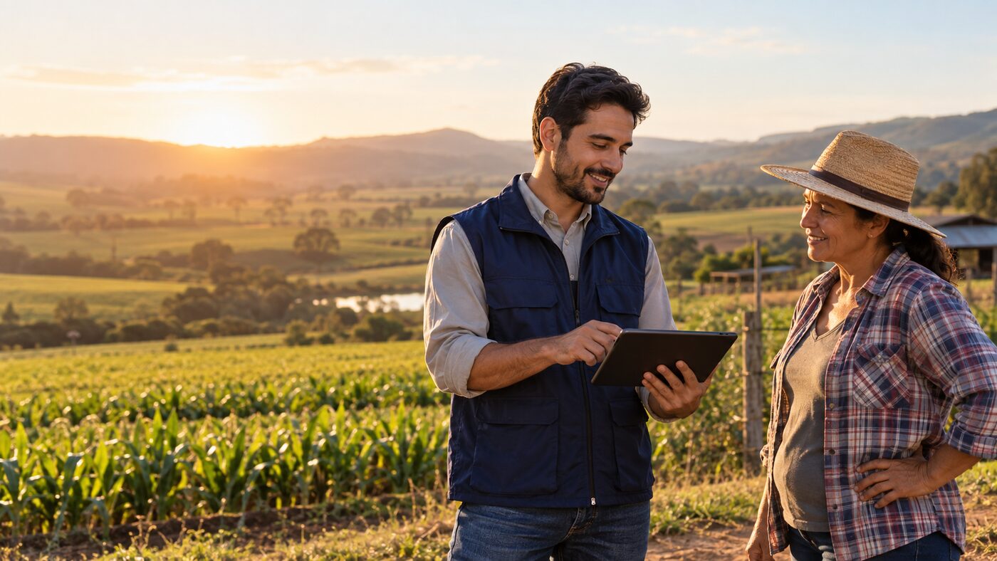 Recenseador utiliza tablet durante coleta de dados em área rural, em imagem editorial da Resumos 360.
