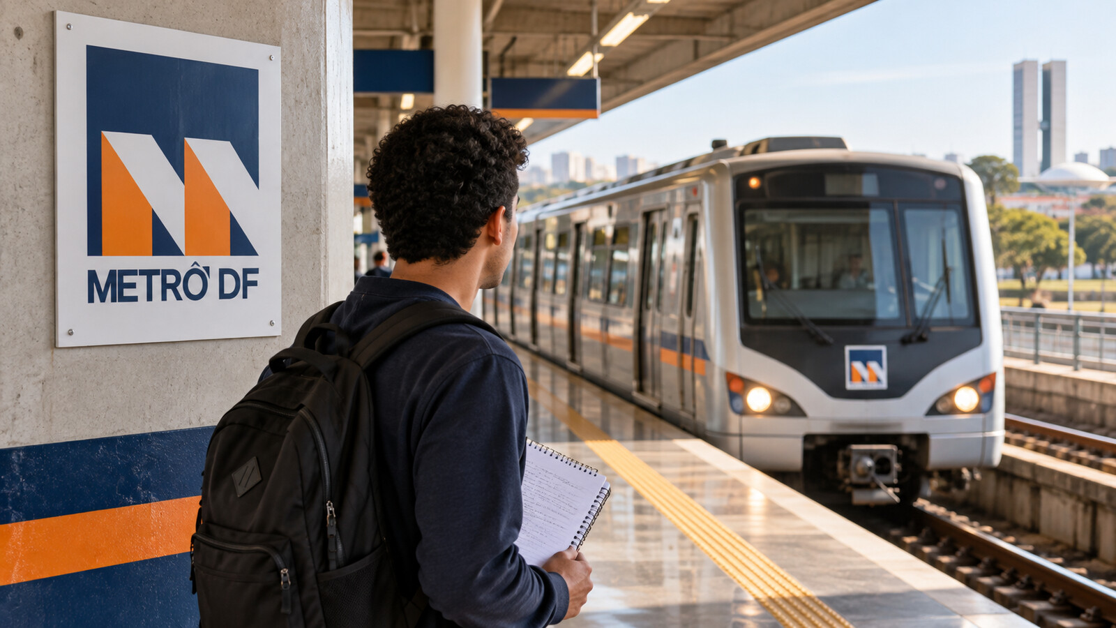 Candidato estuda em uma plataforma do Metrô-DF, em imagem editorial criada para a Resumos 360.
