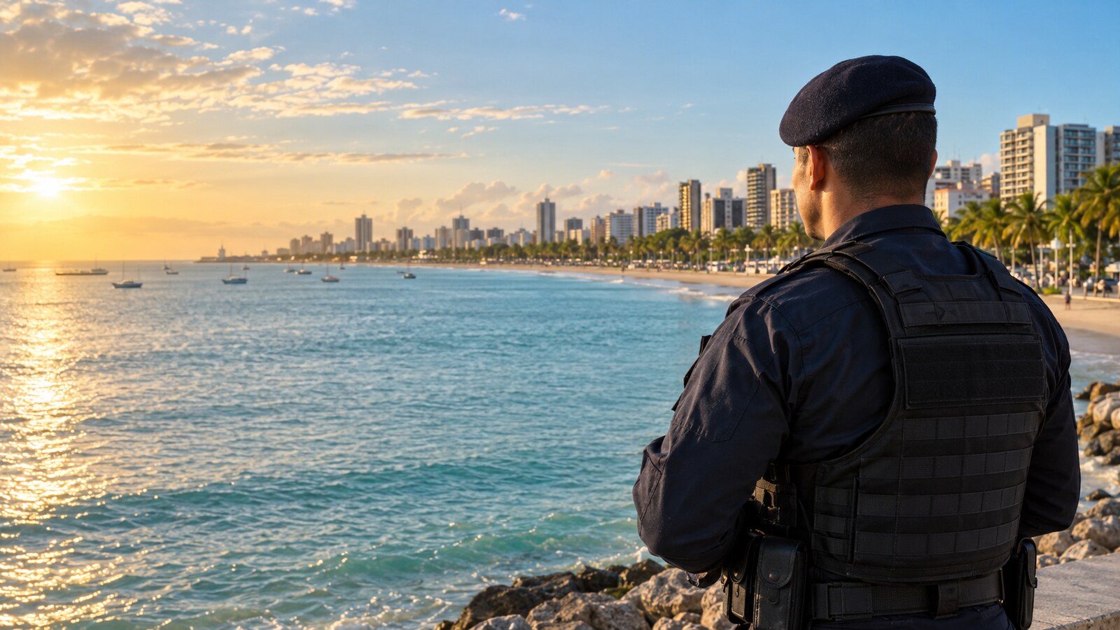 Policial militar diante da orla de Maceió, em imagem editorial criada para a Resumos 360.