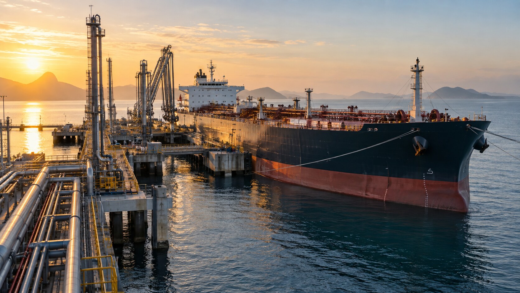 Navio-tanque atracado em terminal portuário, em imagem editorial para o concurso Transpetro 2026.